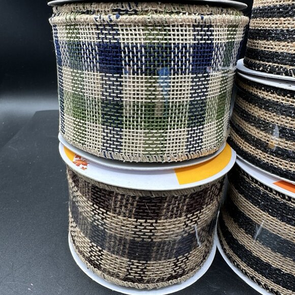 Celebrate It Wired Ribbon 2.5” Black Tan Plaid & Stripe Burlap Rustic Farmhouse - Picture 2 of 8